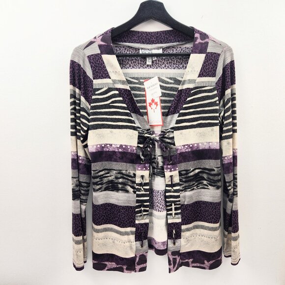 Lana Lee Purple Print Top Size S, Long Sleeve, Tie Front, New Made in Canada - Picture 1 of 7